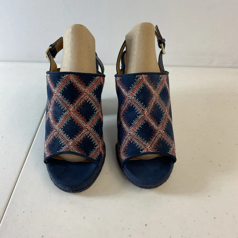 Tory Burch Trinity‎ suede embroidered Espadrille sandals heels Size 7.5 blue